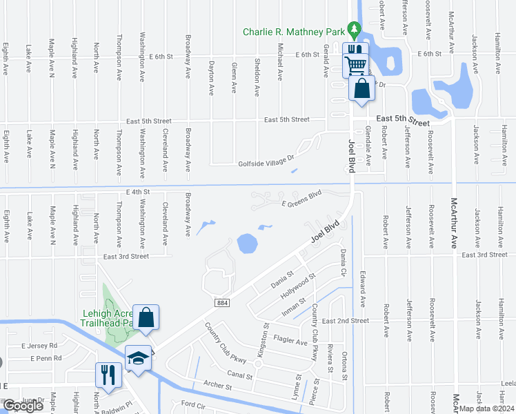 map of restaurants, bars, coffee shops, grocery stores, and more near 2 East Greens Circle in Lehigh Acres