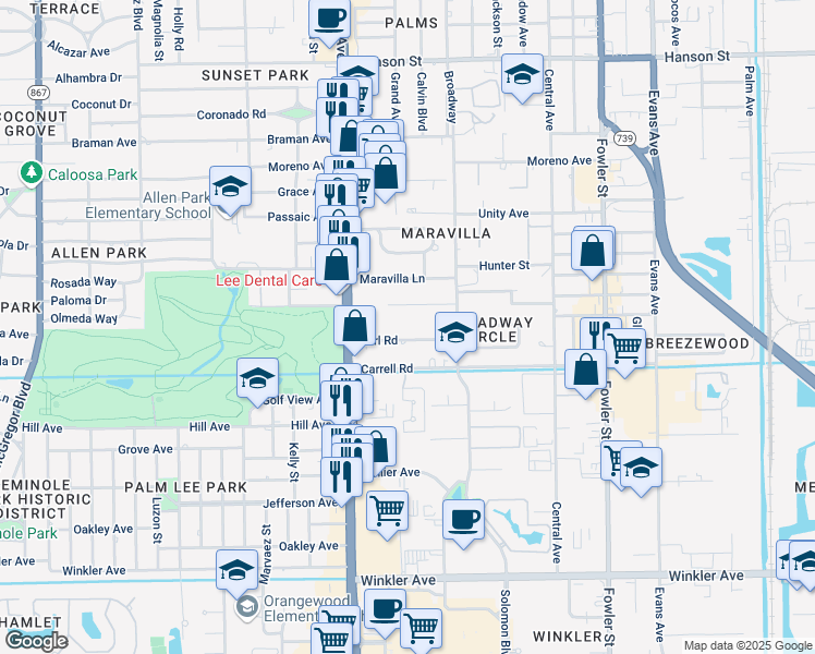 map of restaurants, bars, coffee shops, grocery stores, and more near 2117 Earl Road in Fort Myers