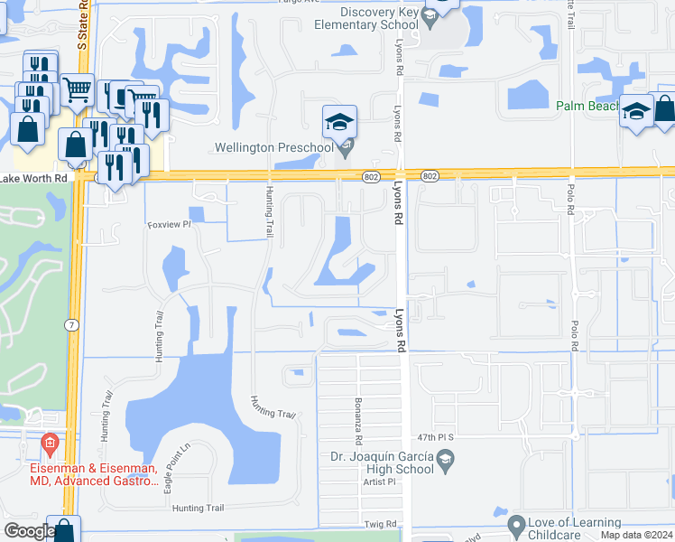 map of restaurants, bars, coffee shops, grocery stores, and more near 9262 Emily Circle in Lake Worth