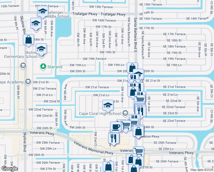 map of restaurants, bars, coffee shops, grocery stores, and more near 209 Southwest 21st Terrace in Cape Coral
