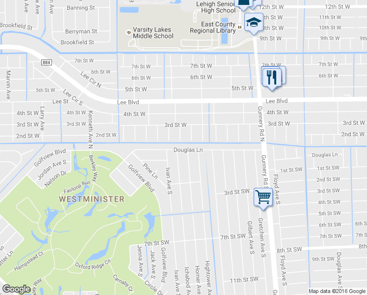 map of restaurants, bars, coffee shops, grocery stores, and more near 4622 Douglas Lane in Lehigh Acres