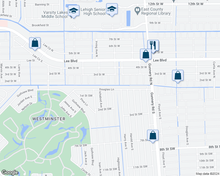 map of restaurants, bars, coffee shops, grocery stores, and more near 4610 Douglas Lane in Lehigh Acres