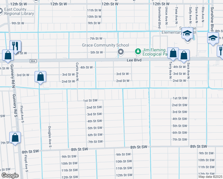 map of restaurants, bars, coffee shops, grocery stores, and more near Bruce Avenue South in Lehigh Acres