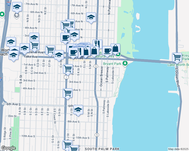 map of restaurants, bars, coffee shops, grocery stores, and more near 215 South Federal Highway in Lake Worth