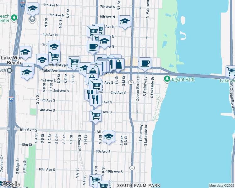 map of restaurants, bars, coffee shops, grocery stores, and more near 216 South K Street in Lake Worth