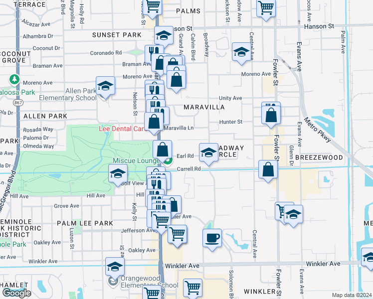 map of restaurants, bars, coffee shops, grocery stores, and more near 2117 Earl Road in Fort Myers