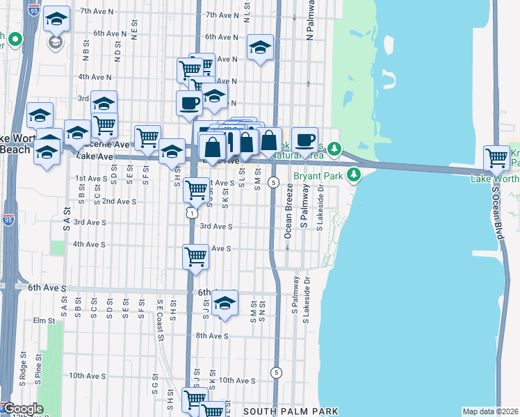 map of restaurants, bars, coffee shops, grocery stores, and more near 212 South M Street in Lake Worth