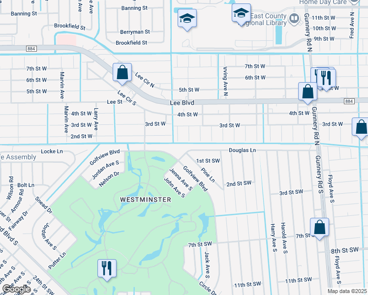 map of restaurants, bars, coffee shops, grocery stores, and more near 4738 Douglas Lane in Lehigh Acres