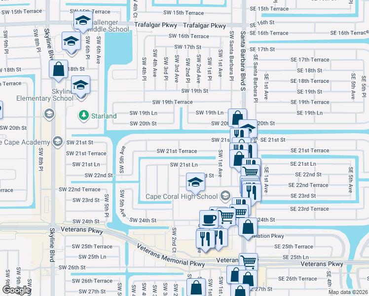 map of restaurants, bars, coffee shops, grocery stores, and more near 221 Southwest 21st Terrace in Cape Coral