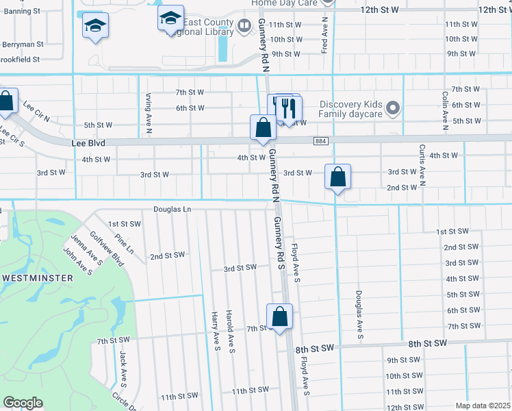 map of restaurants, bars, coffee shops, grocery stores, and more near 4410 Douglas Lane in Lehigh Acres