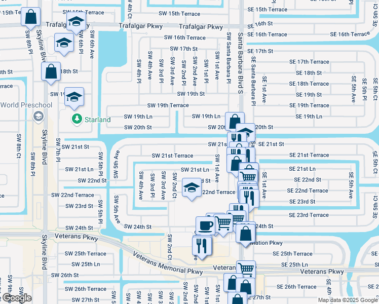 map of restaurants, bars, coffee shops, grocery stores, and more near 209 Southwest 21st Terrace in Cape Coral