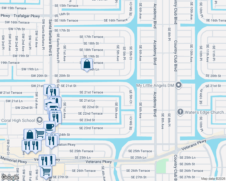 map of restaurants, bars, coffee shops, grocery stores, and more near 409 Southeast 21st Terrace in Cape Coral