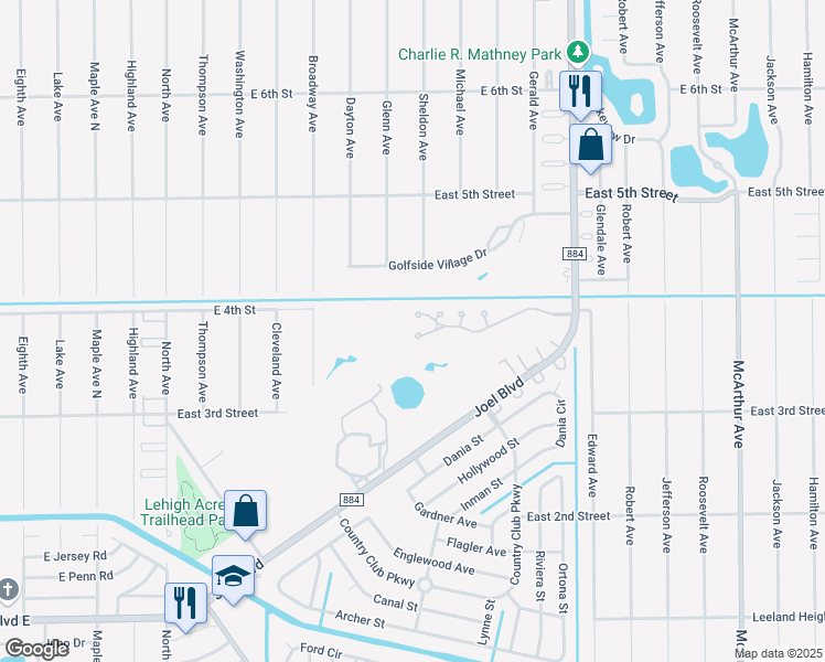 map of restaurants, bars, coffee shops, grocery stores, and more near 4 East Greens Circle in Lehigh Acres