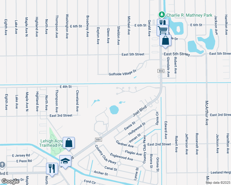 map of restaurants, bars, coffee shops, grocery stores, and more near 4 East Greens Circle in Lehigh Acres