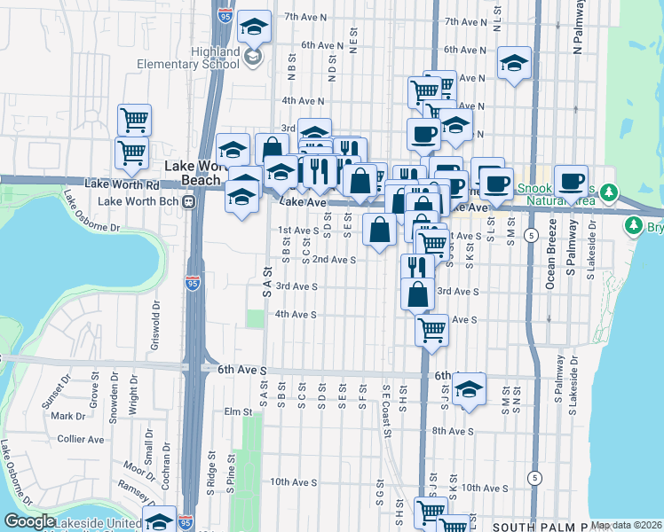 map of restaurants, bars, coffee shops, grocery stores, and more near 213 South D Street in Lake Worth