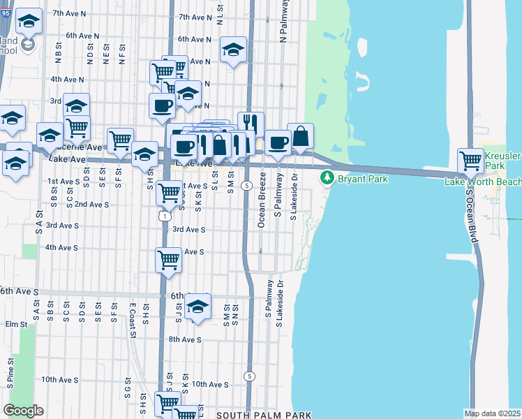 map of restaurants, bars, coffee shops, grocery stores, and more near 215 South Federal Highway in Lake Worth