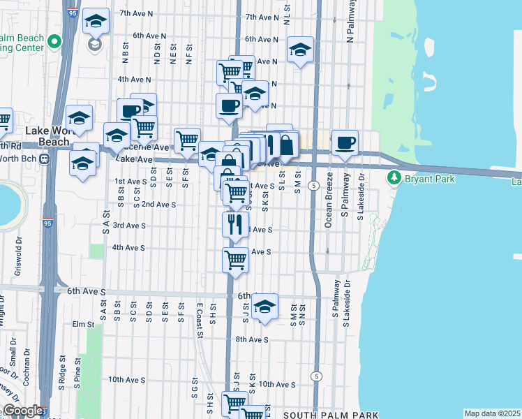 map of restaurants, bars, coffee shops, grocery stores, and more near 216 South K Street in Lake Worth