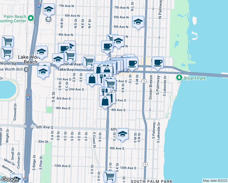 map of restaurants, bars, coffee shops, grocery stores, and more near 209 South J Street in Lake Worth