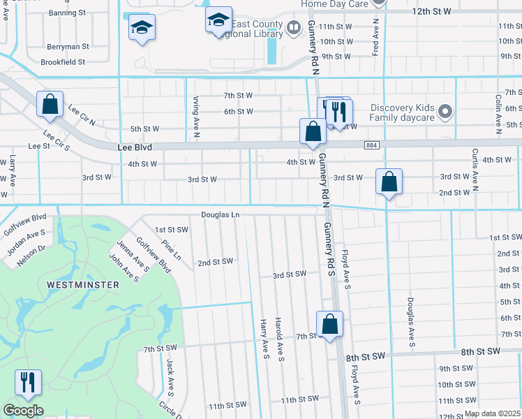 map of restaurants, bars, coffee shops, grocery stores, and more near 4516 Douglas Lane in Lehigh Acres