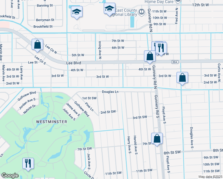 map of restaurants, bars, coffee shops, grocery stores, and more near 4622 Douglas Lane in Lehigh Acres
