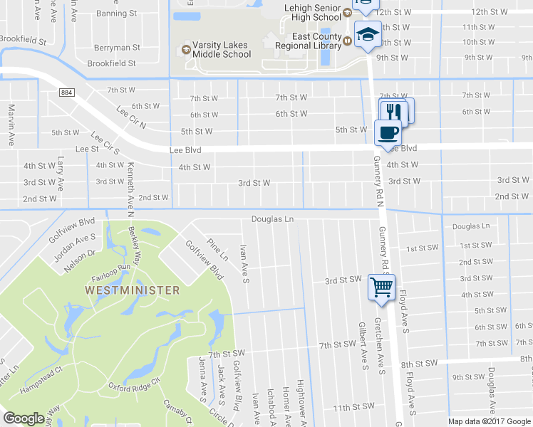 map of restaurants, bars, coffee shops, grocery stores, and more near 4620 Douglas Lane in Lehigh Acres
