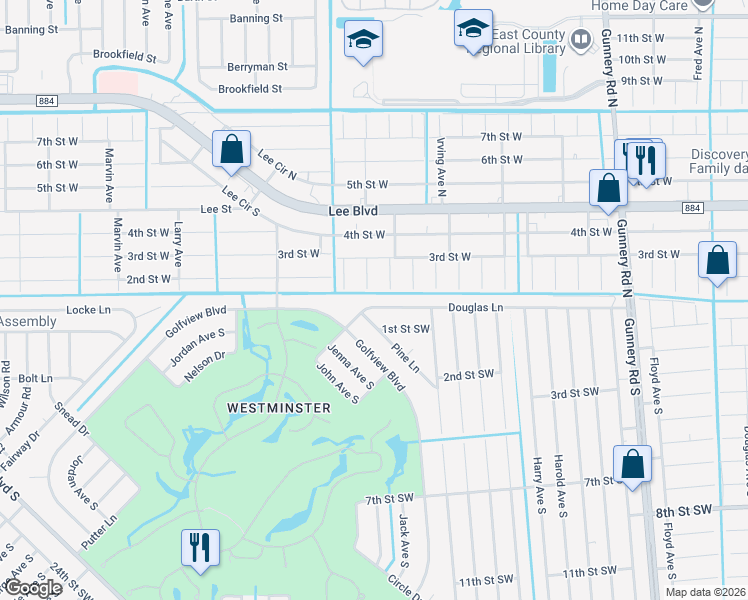 map of restaurants, bars, coffee shops, grocery stores, and more near 4730 Douglas Lane in Lehigh Acres