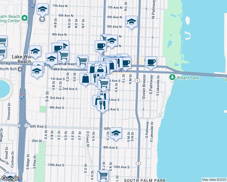 map of restaurants, bars, coffee shops, grocery stores, and more near 709 2nd Avenue South in Lake Worth