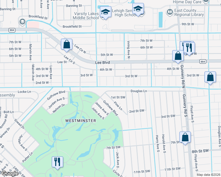 map of restaurants, bars, coffee shops, grocery stores, and more near 4726 Douglas Lane in Lehigh Acres