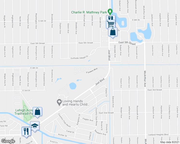 map of restaurants, bars, coffee shops, grocery stores, and more near 20 East Greens Boulevard in Lehigh Acres