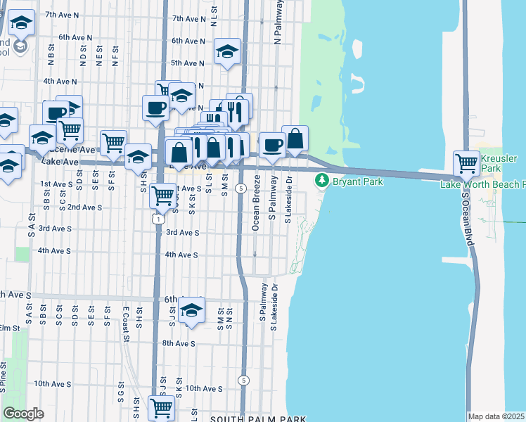 map of restaurants, bars, coffee shops, grocery stores, and more near 206 South Palmway in Lake Worth