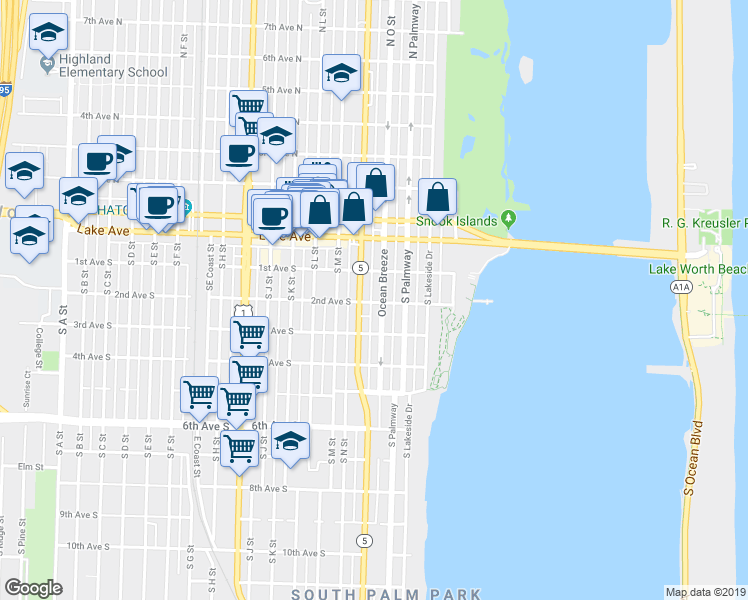 map of restaurants, bars, coffee shops, grocery stores, and more near 215 South Federal Highway in Lake Worth
