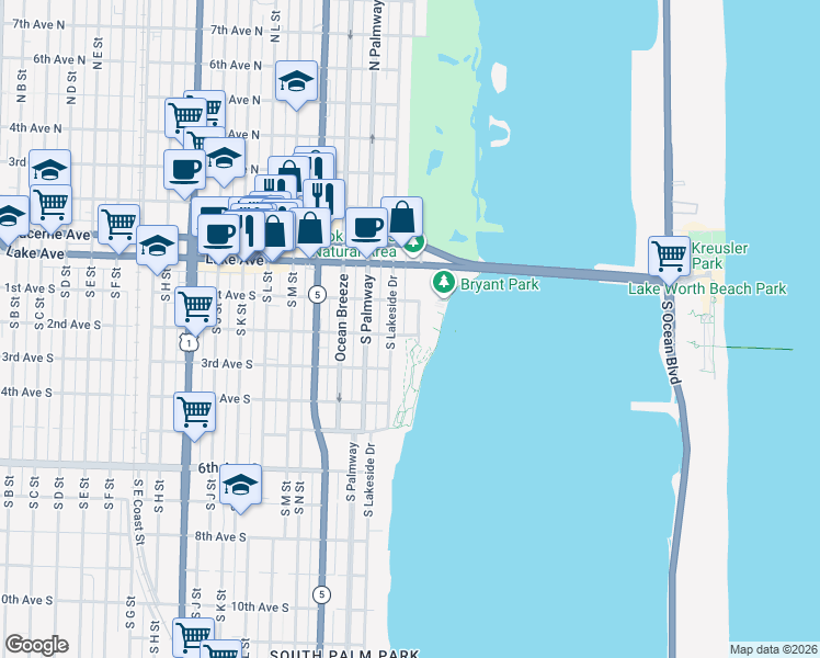 map of restaurants, bars, coffee shops, grocery stores, and more near 129 South Golfview Road in Lake Worth Beach