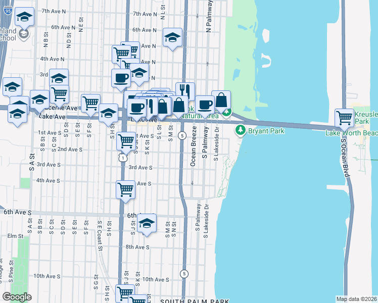 map of restaurants, bars, coffee shops, grocery stores, and more near 306 2nd Avenue South in Lake Worth