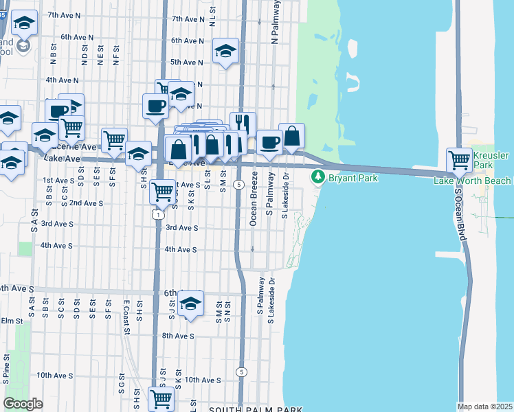 map of restaurants, bars, coffee shops, grocery stores, and more near 215 South Federal Highway in Lake Worth
