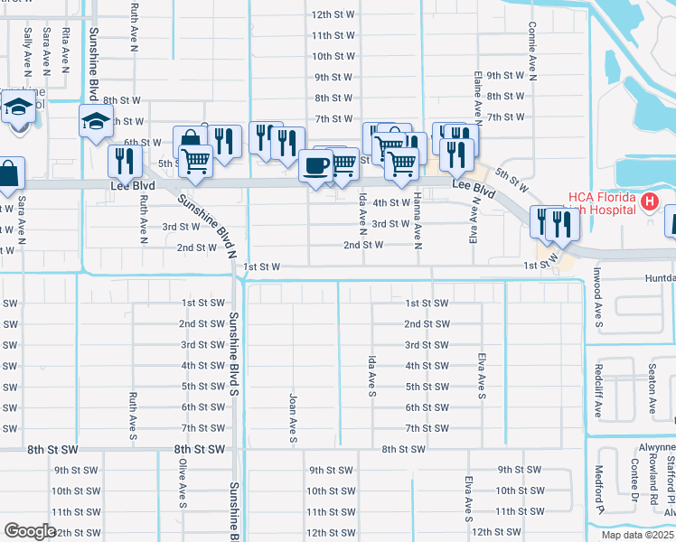 map of restaurants, bars, coffee shops, grocery stores, and more near 2909 1st Street West in Lehigh Acres
