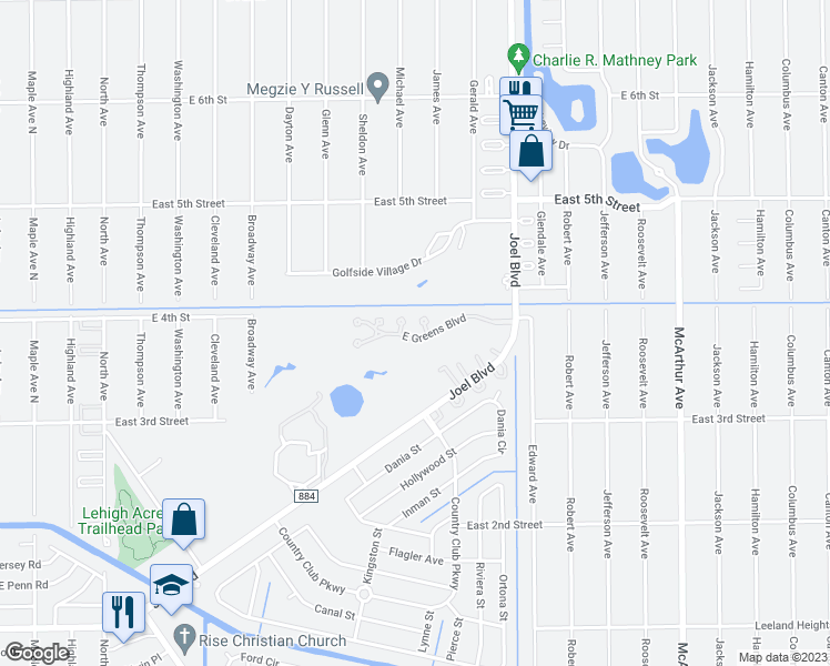 map of restaurants, bars, coffee shops, grocery stores, and more near 23 East Greens Boulevard in Lehigh Acres