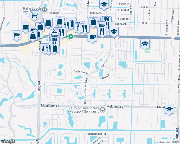 map of restaurants, bars, coffee shops, grocery stores, and more near 4225 South 57th Avenue in Greenacres