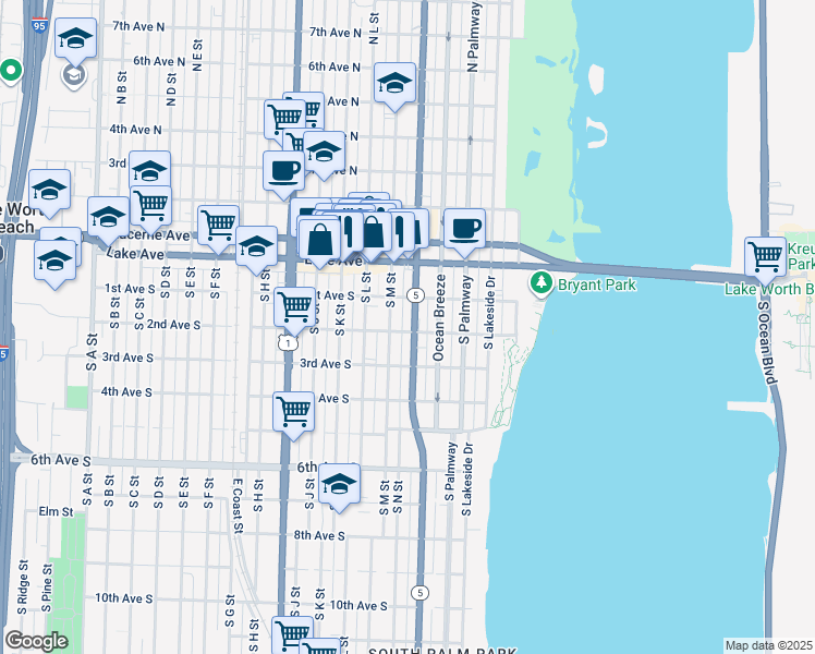 map of restaurants, bars, coffee shops, grocery stores, and more near 212 South M Street in Lake Worth