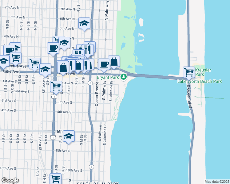 map of restaurants, bars, coffee shops, grocery stores, and more near 123 South Golfview Road in Lake Worth Beach