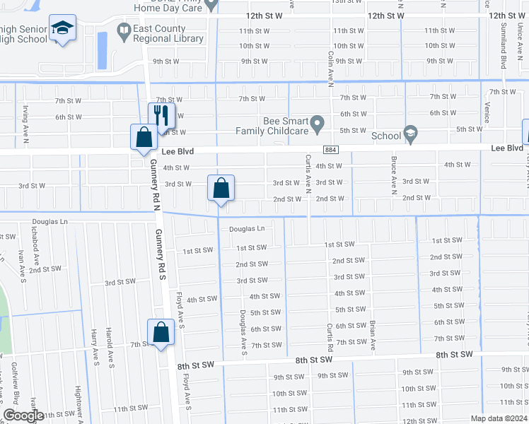 map of restaurants, bars, coffee shops, grocery stores, and more near 100 Douglas Avenue North in Lehigh Acres