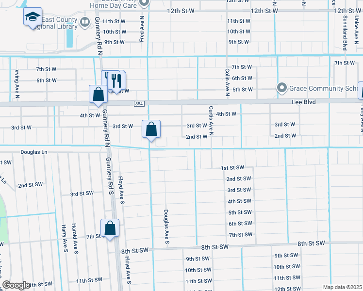 map of restaurants, bars, coffee shops, grocery stores, and more near 100 Douglas Avenue North in Lehigh Acres