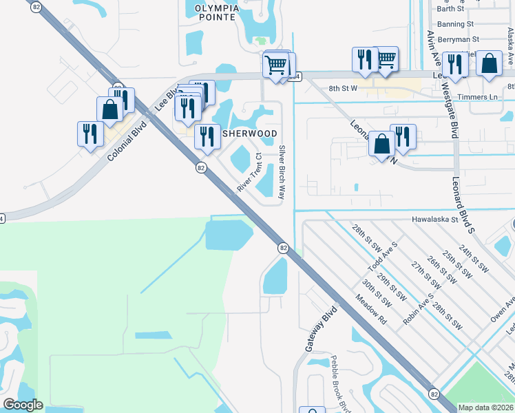 map of restaurants, bars, coffee shops, grocery stores, and more near 8312 Silver Birch Way in Lehigh Acres