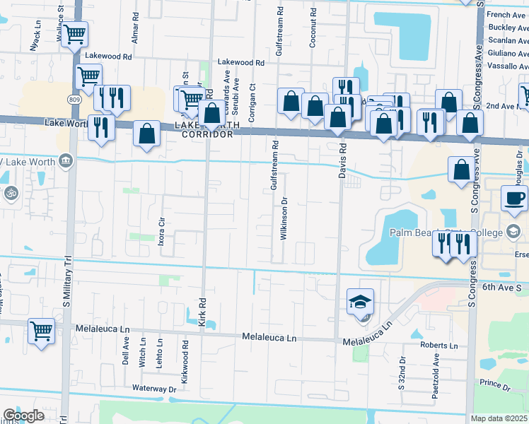 map of restaurants, bars, coffee shops, grocery stores, and more near 4340 Gulfstream Road in Lake Worth