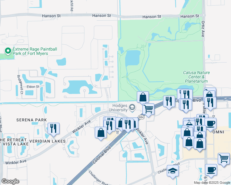map of restaurants, bars, coffee shops, grocery stores, and more near 4535 Dalmahoy Court in Fort Myers