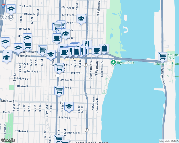 map of restaurants, bars, coffee shops, grocery stores, and more near 215 South Federal Highway in Lake Worth
