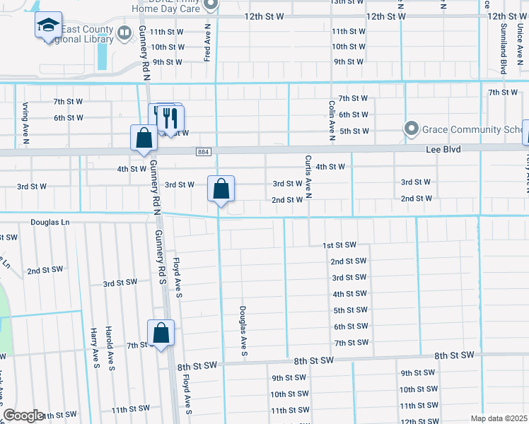 map of restaurants, bars, coffee shops, grocery stores, and more near 4106 Douglas Lane in Lehigh Acres