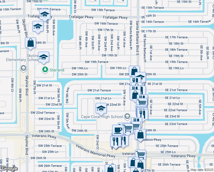 map of restaurants, bars, coffee shops, grocery stores, and more near 221 Southwest 21st Terrace in Cape Coral