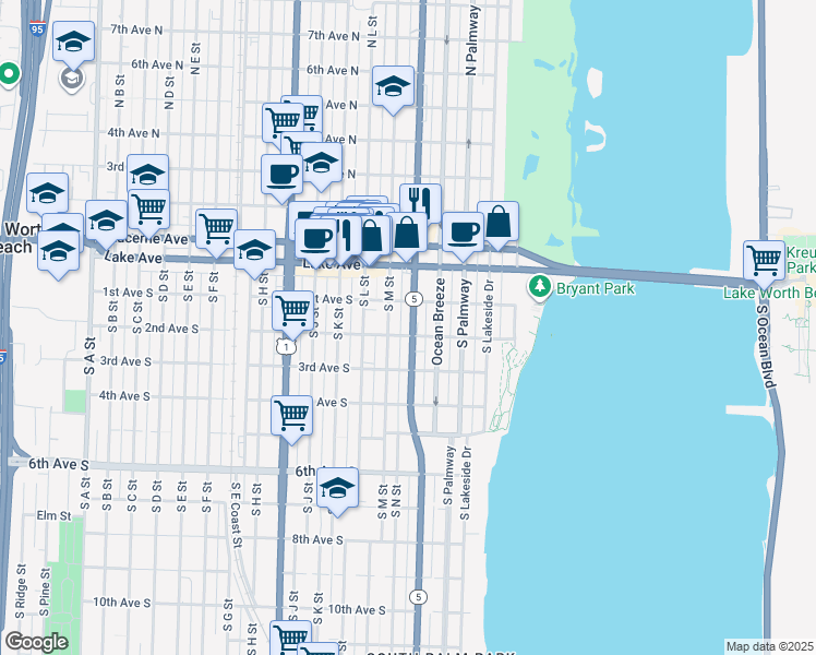 map of restaurants, bars, coffee shops, grocery stores, and more near 215 South Federal Highway in Lake Worth