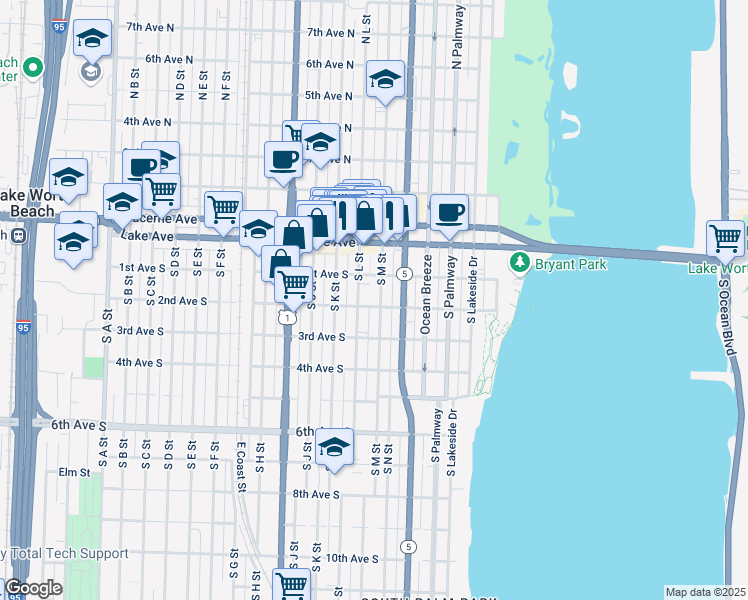map of restaurants, bars, coffee shops, grocery stores, and more near 127 South M Street in Lake Worth