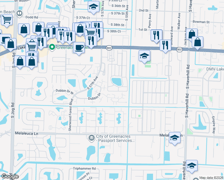 map of restaurants, bars, coffee shops, grocery stores, and more near 613 6th Lane in Greenacres